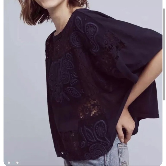 Anthropologie akemi kin embroidered crochet derrie navy blouse crop top - XS - Picture 2 of 6